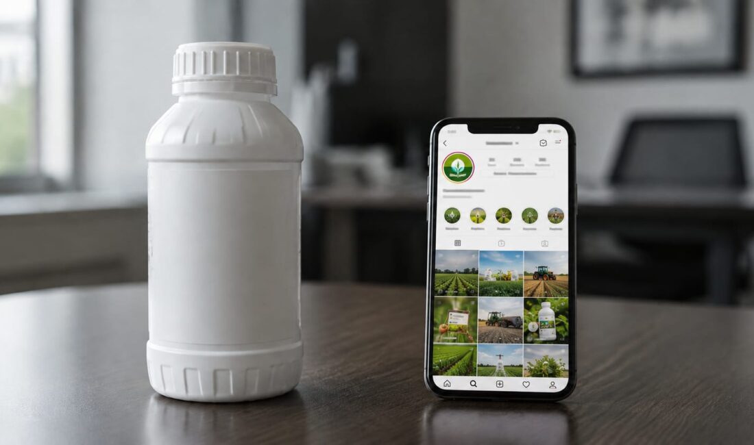 Frasco genérico de defensivo agrícola ao lado de um celular exibindo um perfil fictício do setor nas redes sociais, em ambiente corporativo.