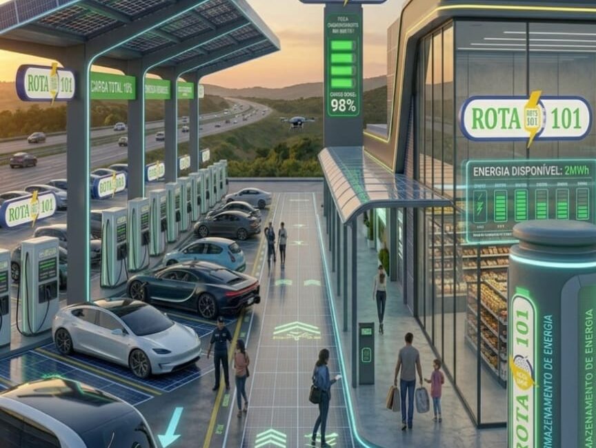 Projeção conceitual de unidade da rede Rota BR 101: estação de recarga rápida com carregadores DC, cobertura fotovoltaica e conveniência integrada ao longo do corredor da BR-101.