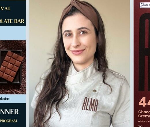 Francine Corrado, engenheira de alimentos e proprietária da ALMA Chocolates, celebra a medalha de prata na categoria chocolate ao leite do Chocolate Alliance Awards.