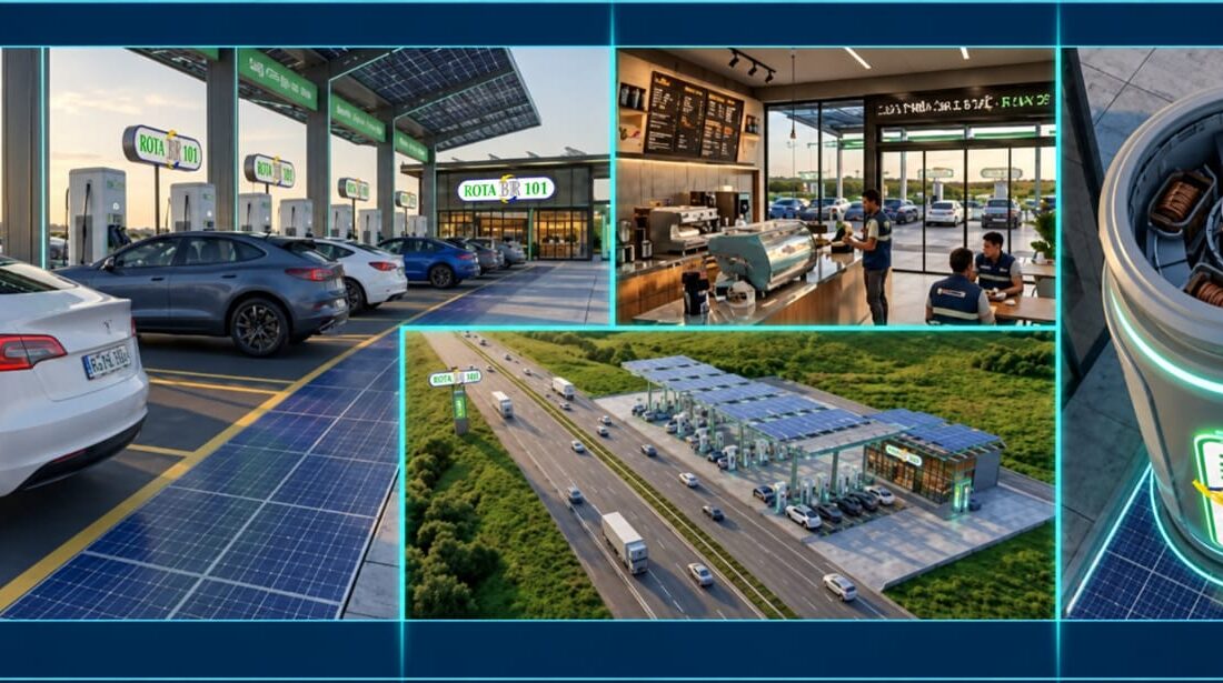 Projeção conceitual do modelo de unidade da Rota BR 101, com eletroposto, conveniência completa e cafeteria integradas e implantação à beira da rodovia.